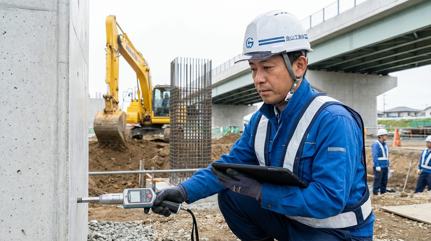 土木品質管理の現場でコンクリート強度を検査する技術者