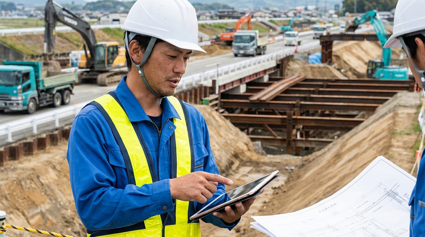 土木施工管理技士が現場でタブレットを確認するイメージ