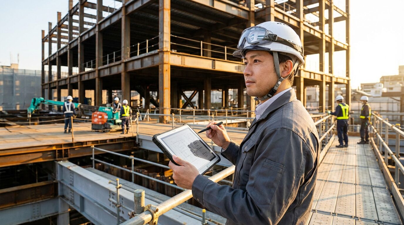 建築施工管理技士がタブレットで現場を管理するイメージ