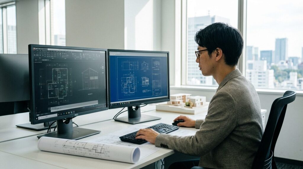 CADソフトで製図作業を行う技術者