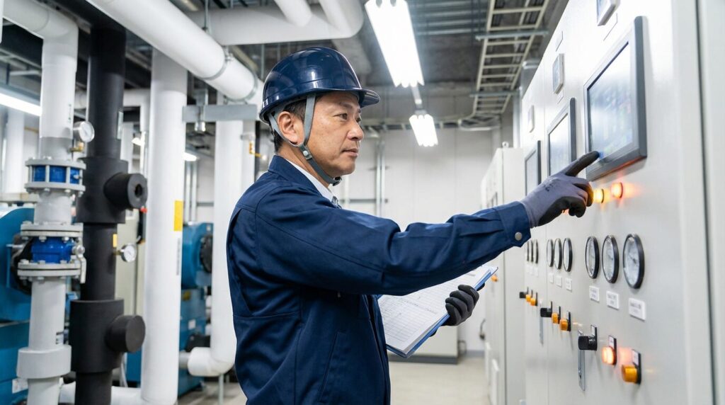 ビル設備管理の現場で制御盤を操作する技術者
