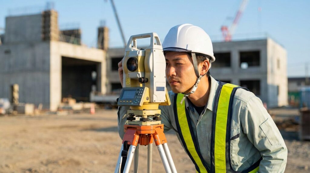 測量機器を使って作業する測量士