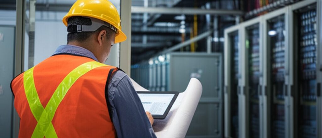 データセンター建設現場で電気施工管理を行う派遣スタッフがタブレットで図面を確認している様子