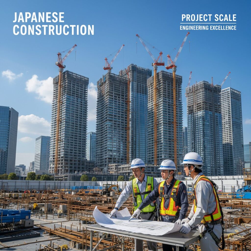高層ビル建設現場で図面を確認する施工管理技士たちの様子