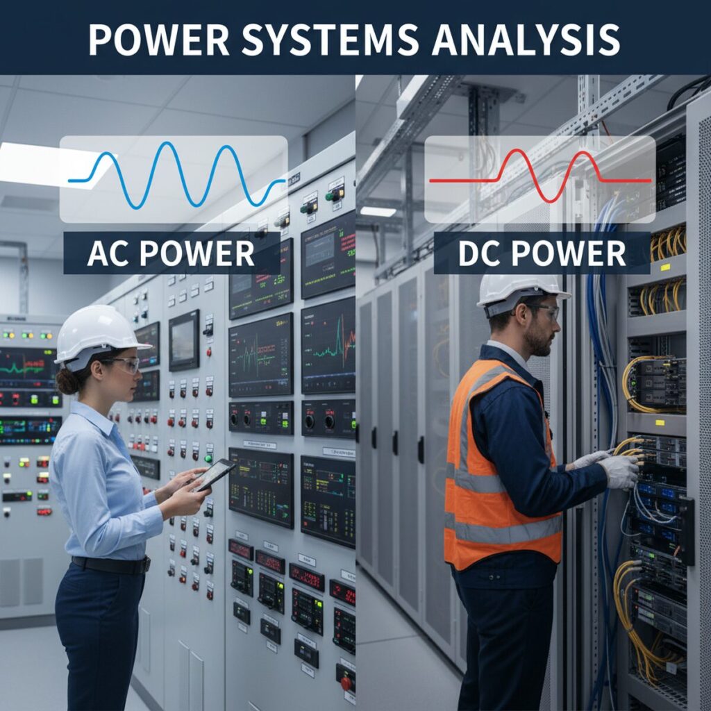 制御室で交流・直流電源システムを確認する電気技術者の様子、デジタル表示パネルと電気設備が並ぶ現代的な産業環境