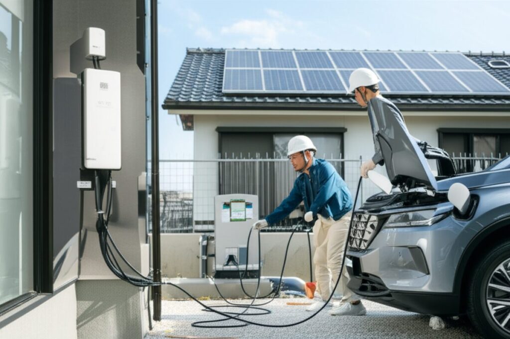 住宅建設現場でV2H設備の設置作業を確認する電気工事士たち