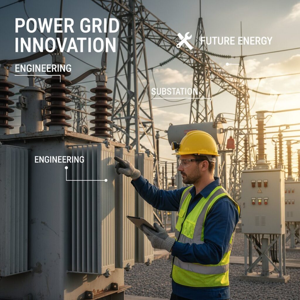 変電所で大型変圧器を点検する電気技術者の様子