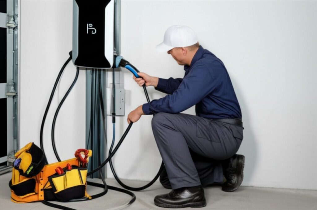 住宅ガレージでEV充電設備を設置する電気工事士が専門工具を使って配線工事を行っている様子