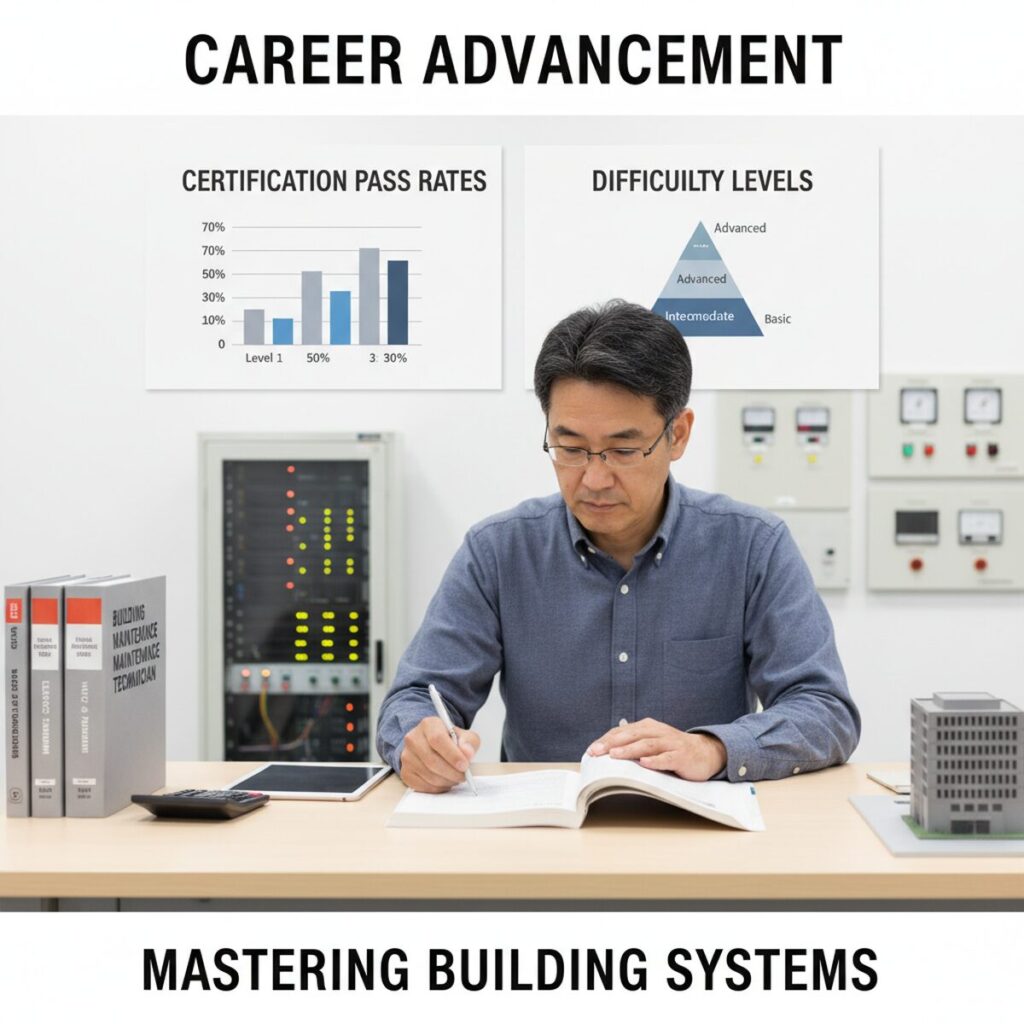 ビル管理士試験の勉強をしている中年男性が机でテキストと電卓、合格率チャートを見ながら学習している様子