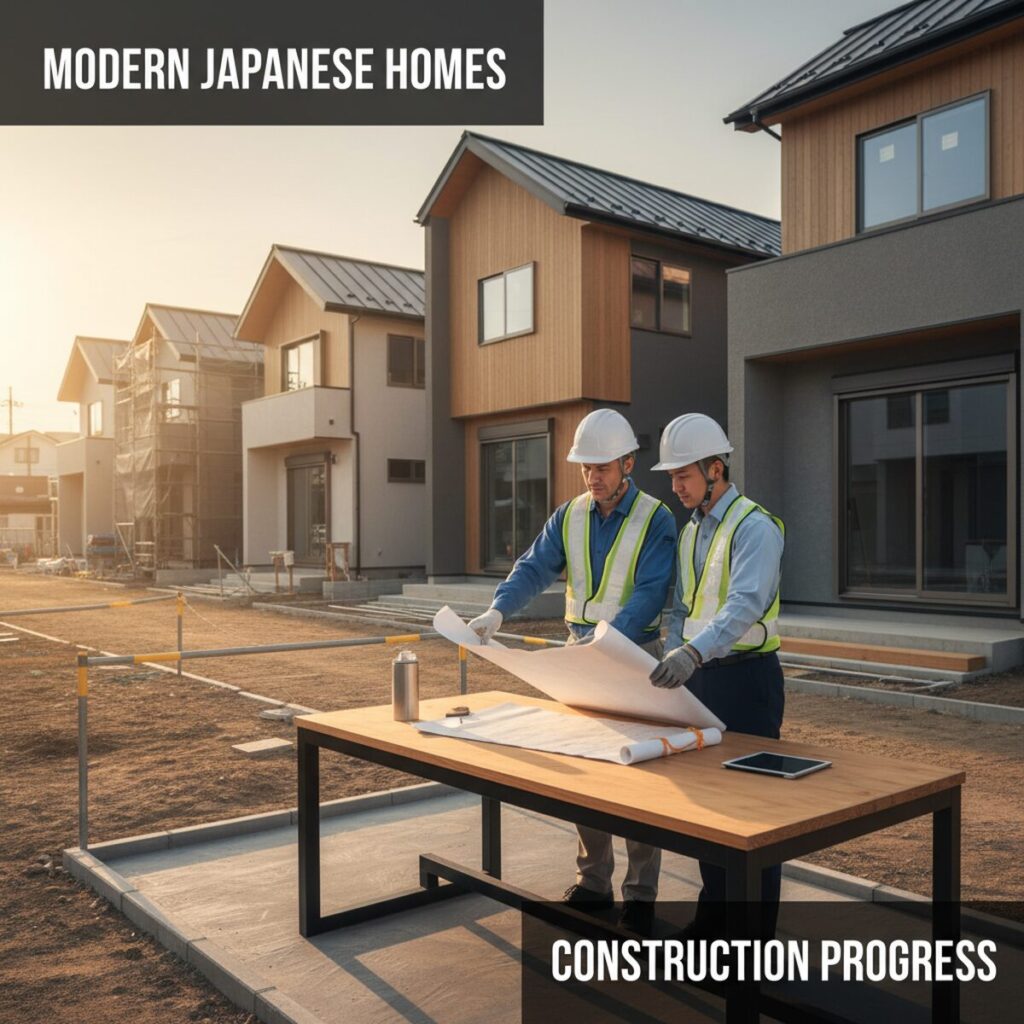 住宅建設現場でヘルメットを着用し図面を確認する施工管理職の様子