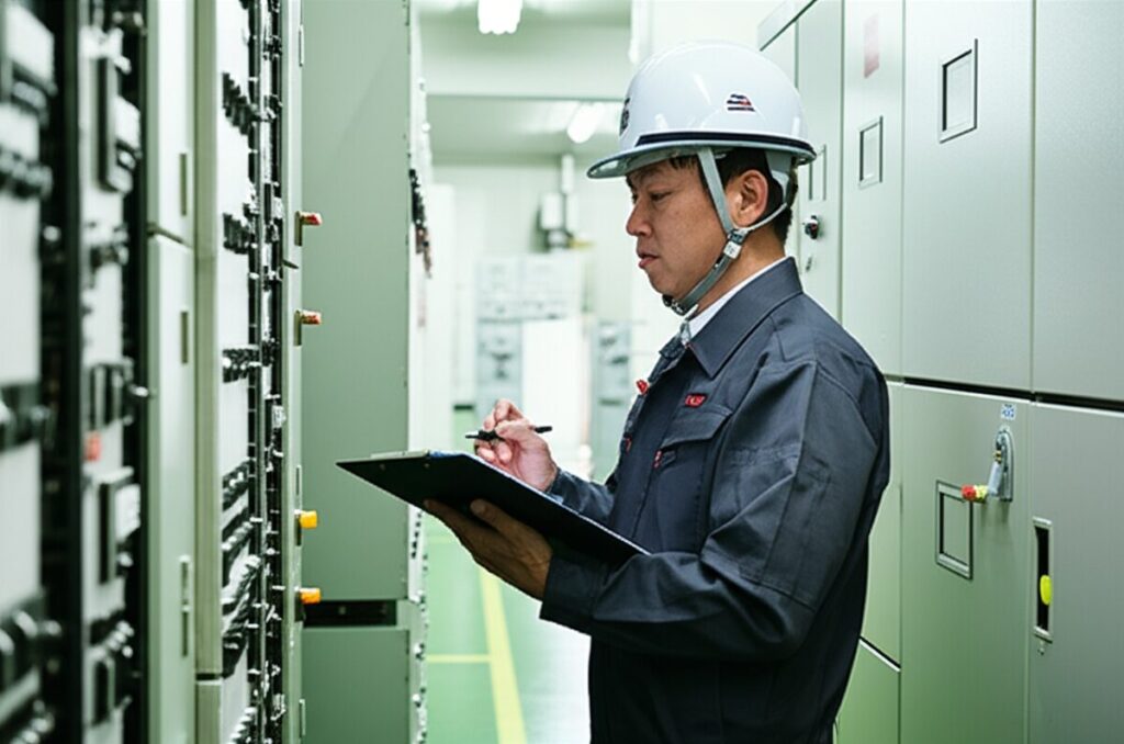 第一種電気工事士が高圧キュービクル設備を点検している仕事風景