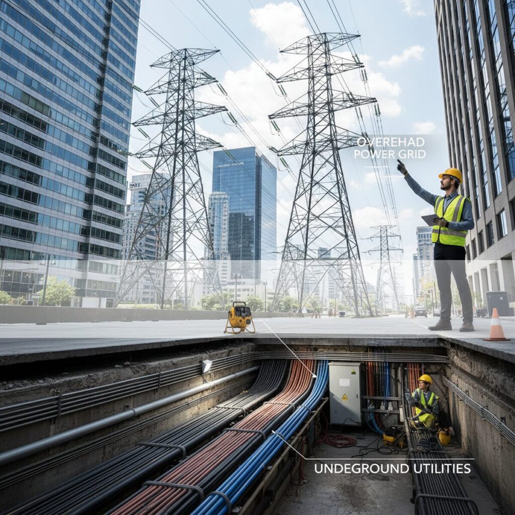 都市部で架空送電線路と地中送電設備を点検する電気技術者の様子
