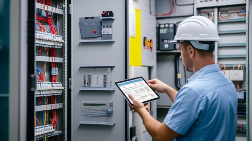 電気施工管理者がタブレットでCVケーブル選定表を確認している電気室の様子