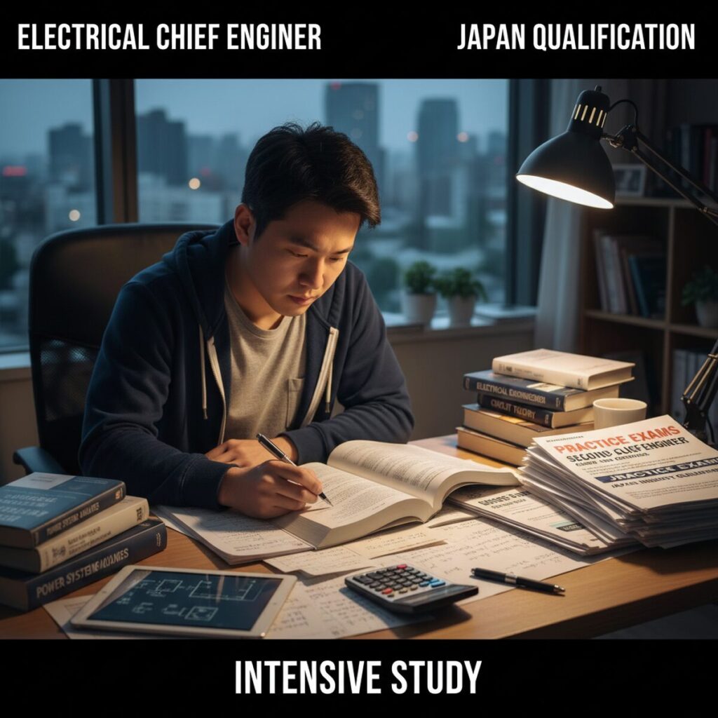電験二種の勉強に集中する電気技術者が、手書きノートや過去問題集、電気工学の参考書に囲まれて学習している様子