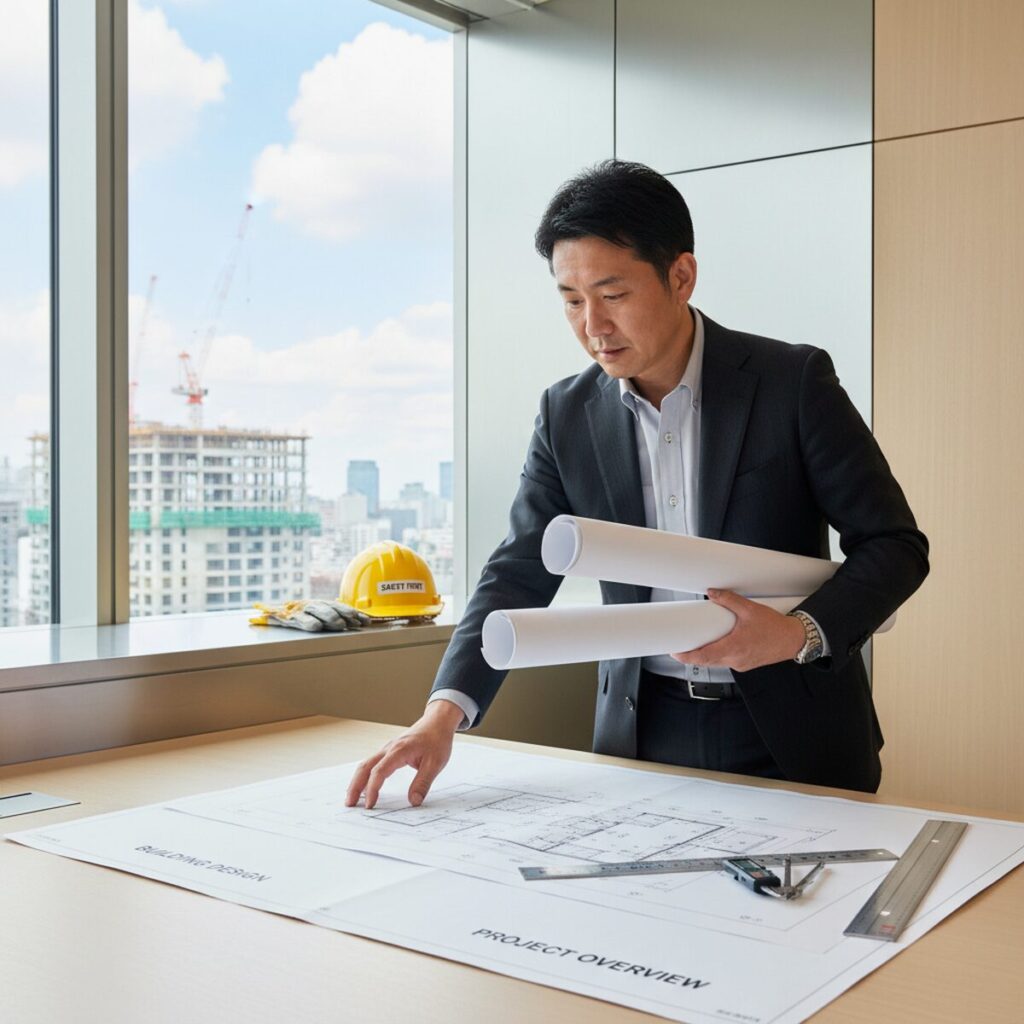 建設現場で設計図書を確認する施工管理技士が図面と仕様書を手に持って検査している様子