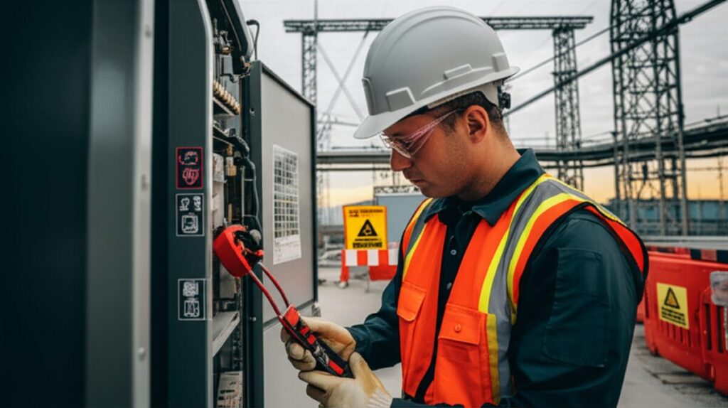 安全装備を着用した電気工事士が建設現場で電気設備を点検している様子、背景に安全標識や保護柵が見える