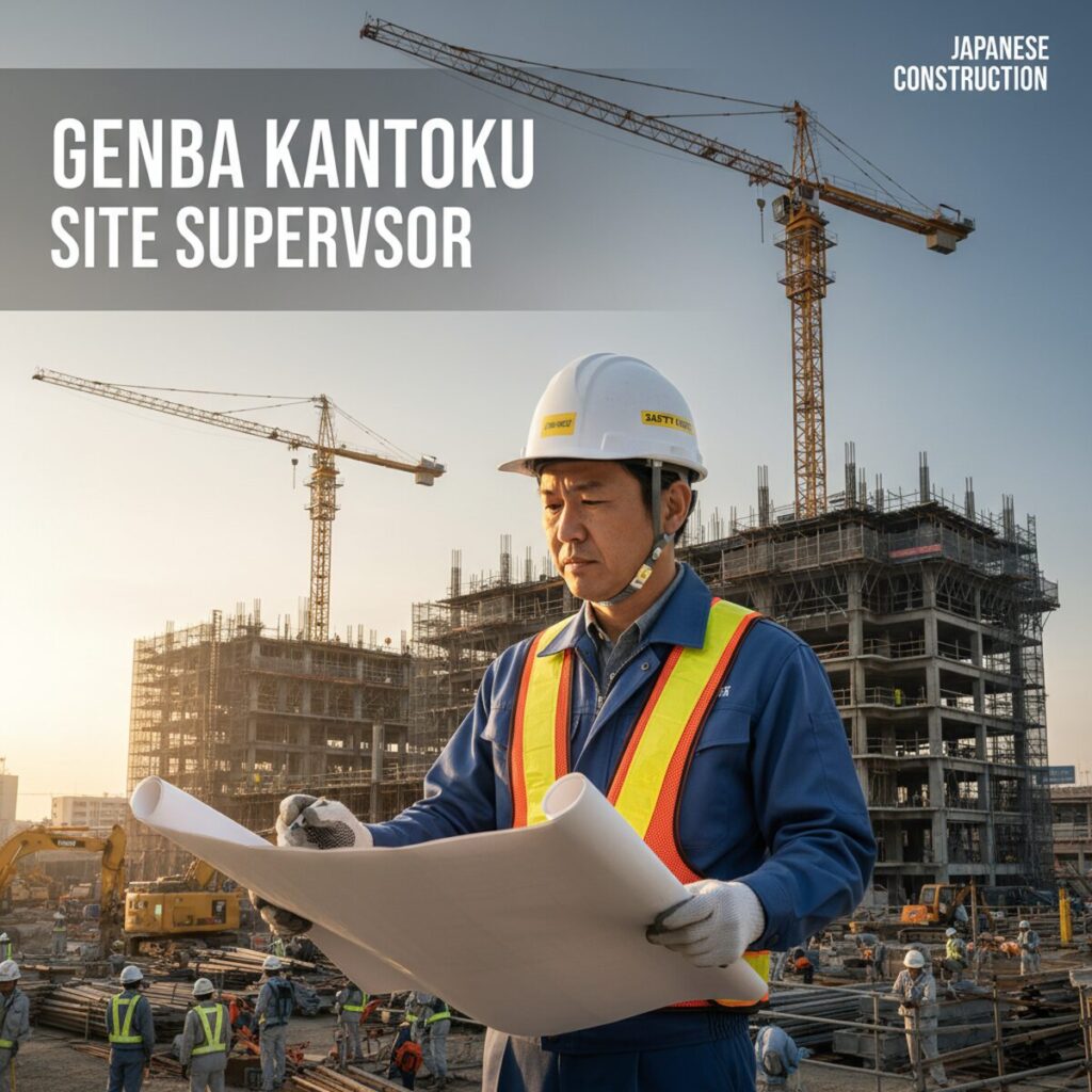 建設現場で図面を確認しながら作業員を監督するヘルメット姿の現場監督