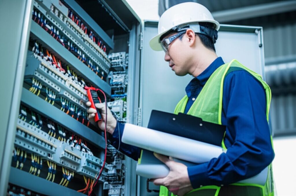 工場の配電盤で回路ブレーカーを点検している電気技師の様子