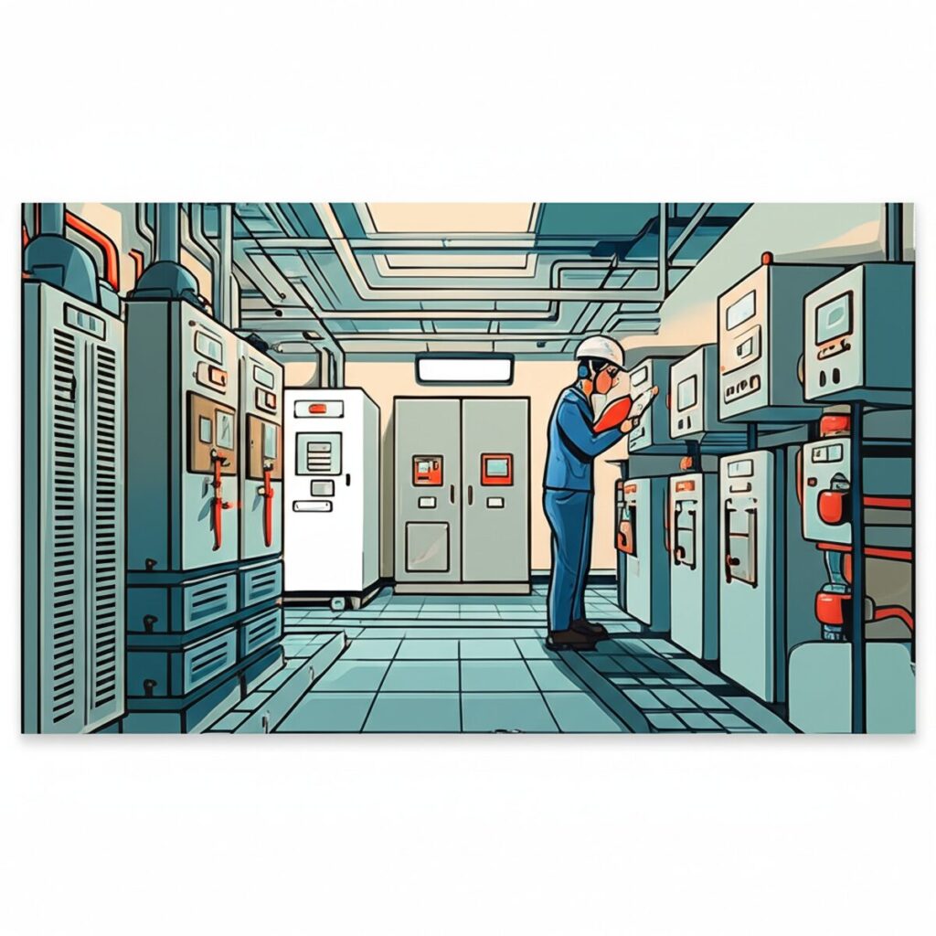 ビルメン（建築物設備管理）の現場で、4点セットの資格を活かして設備点検を行う技術者のイメージ