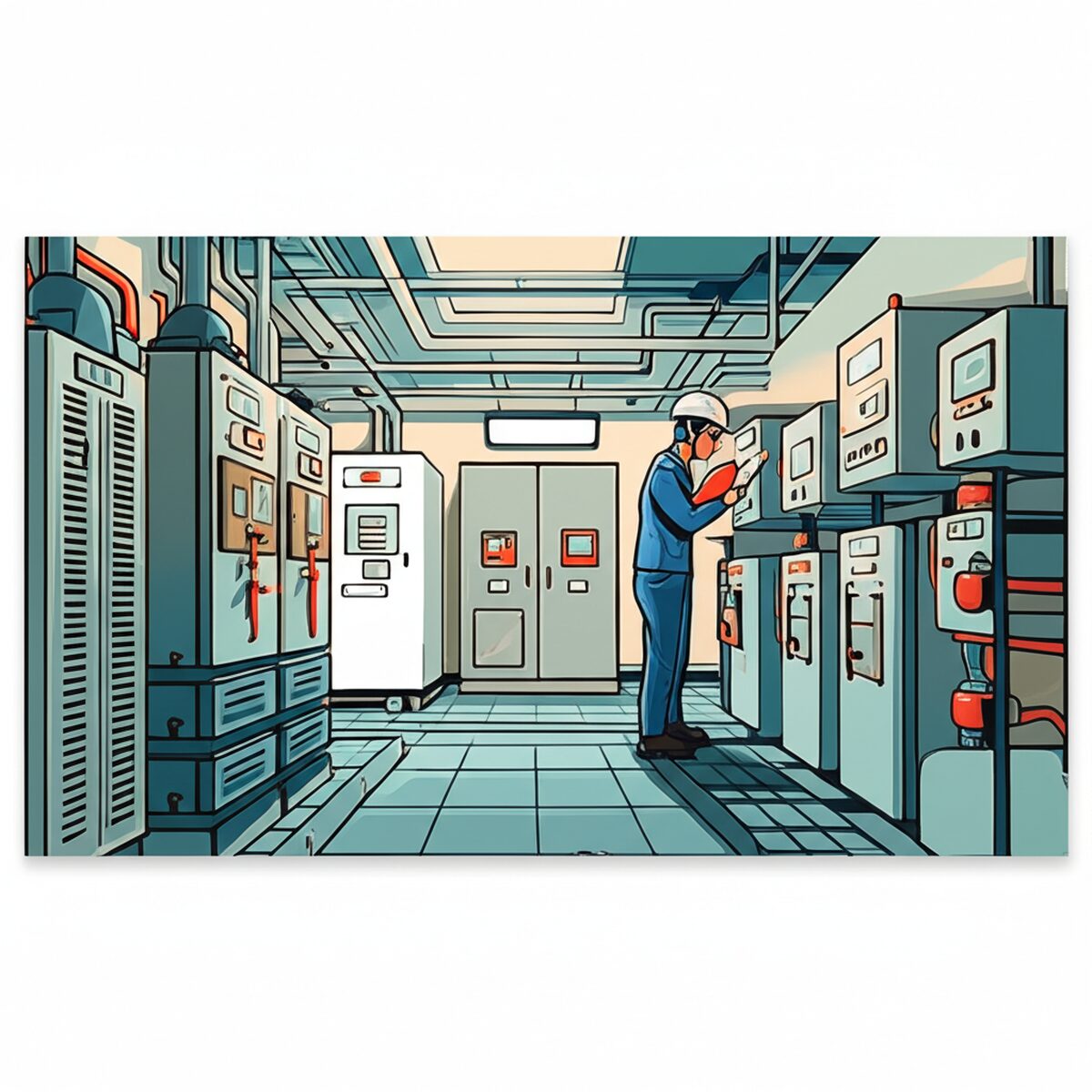 ビルメン（建築物設備管理）の現場で、4点セットの資格を活かして設備点検を行う技術者のイメージ