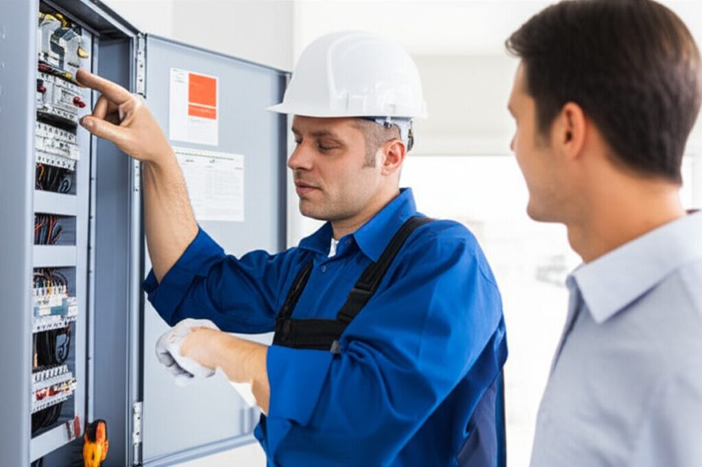 電気工事士が住宅の分電盤でエアコン専用回路の説明をしている様子