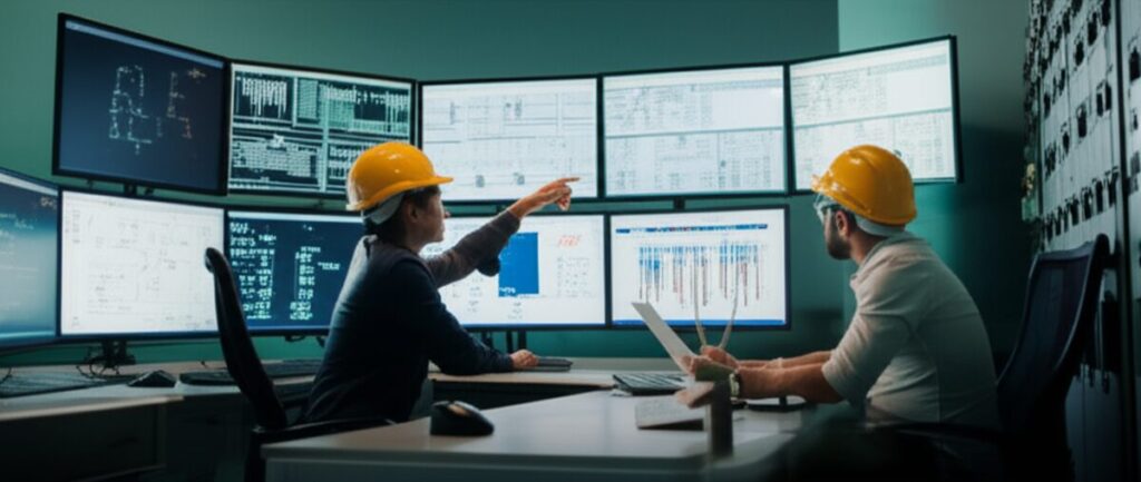 電気施工管理者が制御室で電気設備技術基準の解釈書を確認している様子