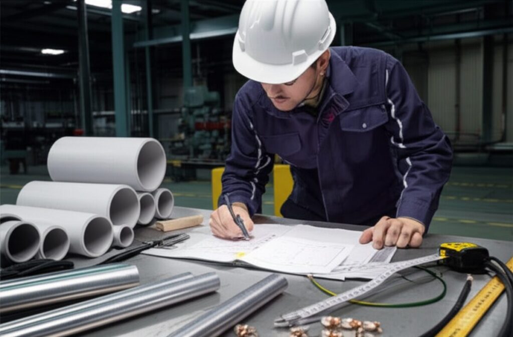 電気工事現場で電線管サイズの選定作業をする施工管理技士がノギスで配管を測定している様子