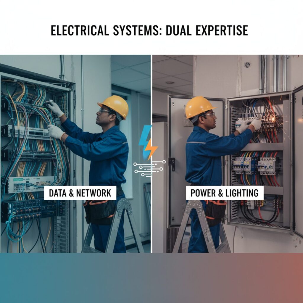 建物内で弱電と強電の両方の工事を行う電気工事士が安全装備を着用して作業している様子